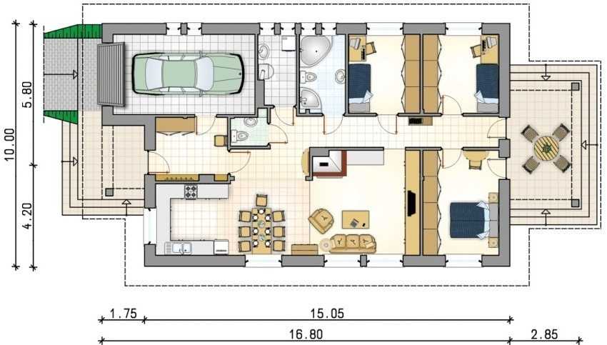 Проект одноэтажного дома с 4 спальнями и большой гостиной