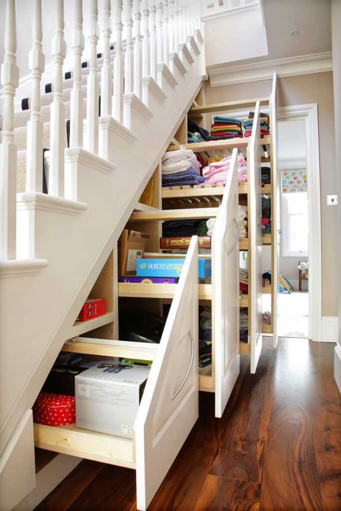 Дизайн гардеробной под лестницей — идеи и варианты