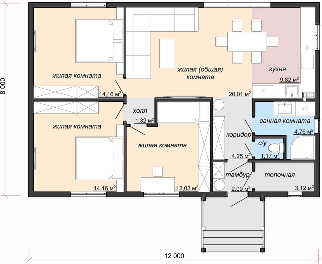 Проекты одноэтажных домов: строительство конструкции 8х8, 9х9, 10х10, 12х12 с отличной планировкой