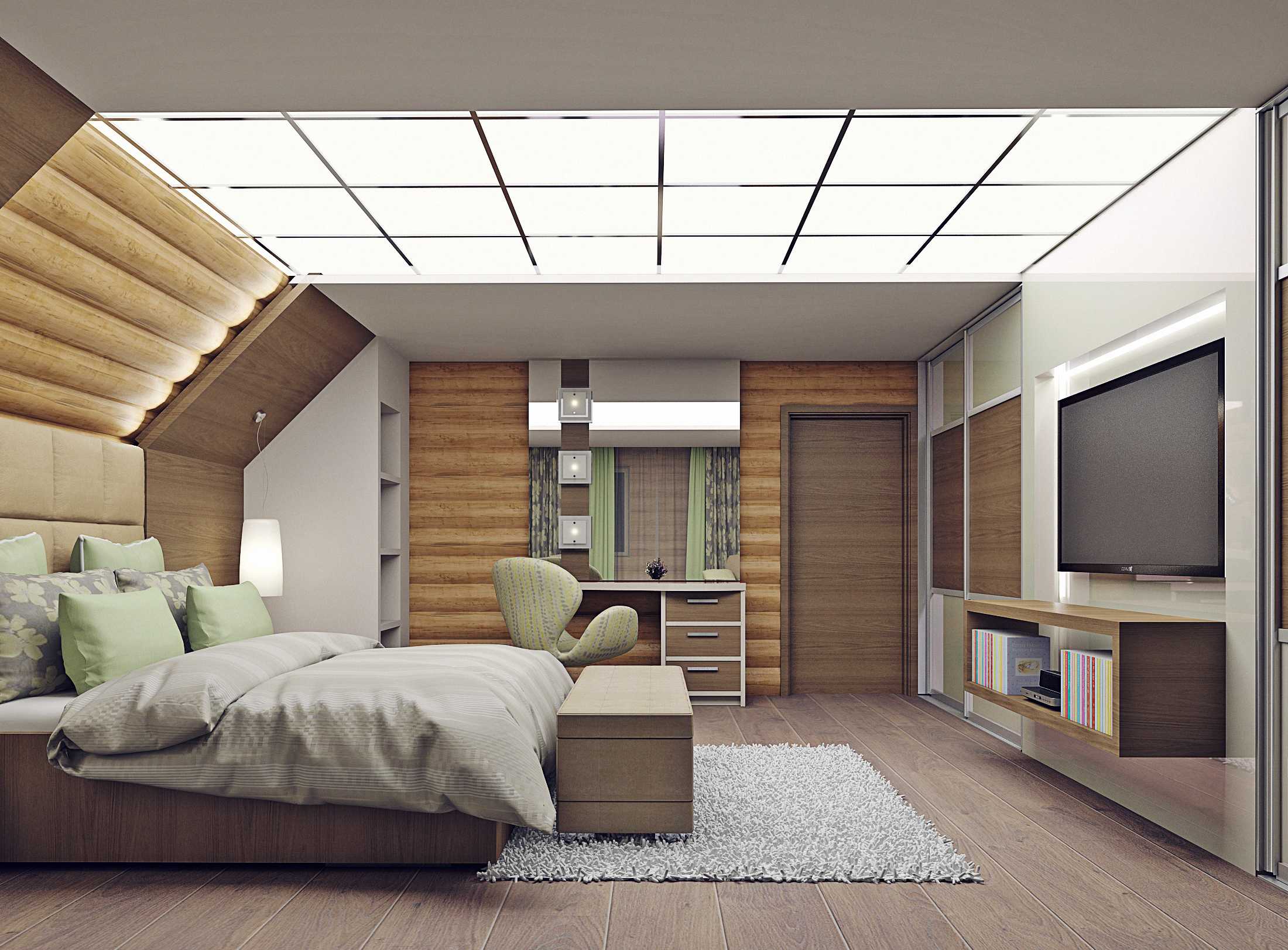 Спальня на мансарде (95 фото): дизайн интерьера комнаты на чердаке в доме со стойками, на мансардном этаже с комбинированной отделкой
