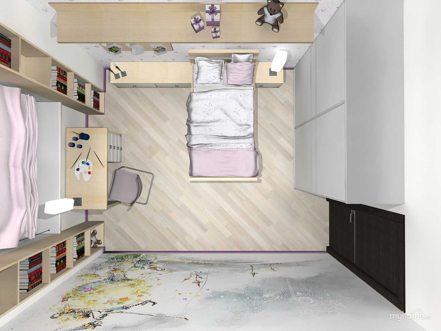 Дизайн интерьера детской комнаты для школьника мальчика и девочки первоклассника и подростка Зонирование (рабочая спальная игровая зоны) мебель (школьный стол стул кровать) освещение цветы